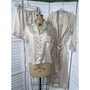 CABERNET Cream Satin 3 Piece Set: Shirt & Shorts Pajama / Long Robe Sz Small
